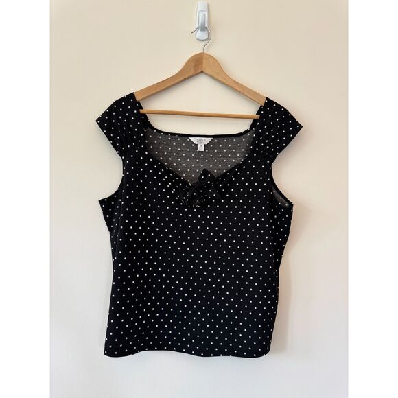 Conrad C Pleated Straps Black V Neck Blouse with White Polka Dots 2X - Picture 2 of 9